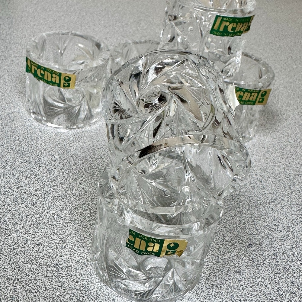Set Of 6 Irena Crystal Napkin Holder Ring Pinwheel Starburst Poland Tablescape